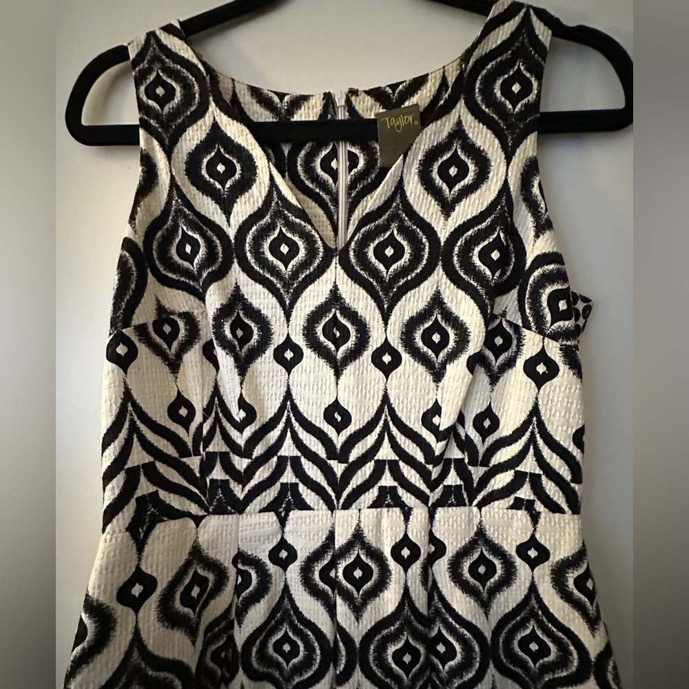 Patterned size 4 Taylor dress.  Pleated flair skirt and a fitted v-neck top. - Picture 3 of 4